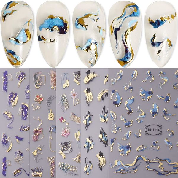 JMEOWIO Nagelsticker Marmor Französischer Tip 8 Blatt Nail Art Sticker Selbstklebend Nagelaufkleber Wellenlinie Dekoration Nageldesign Zubehör