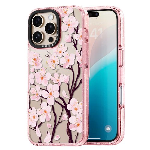 Rosarnnah Compatible for iPhone 16 Pro Max Case Cute - Durable Shockproof 6.6 ft Drop Impact Phone Case - Glitter Pink Funny Cherry Blossom Design for iPhone 16 Pro Max 6.9"