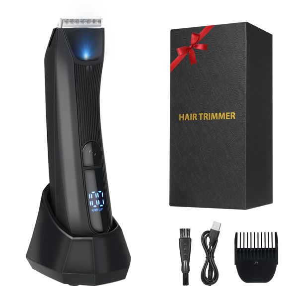 Pretfy Body Hair Trimmer Men, IPX7 Waterproof Electric Body Groomer, Pubic & Body Hair Clipper Shavers, Rechargeable Groin Hair Beard Trimmer, LED Standing Recharge Dock for Wet and Dry Use