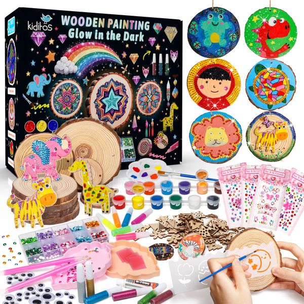 Kiditos Wooden Painting Kit,Glow in The Dark Wood Painting Crafts for Kids Age 3-12,Creative Art Paint Toys Kit,Boys Girls Birthday Christmas Gifts