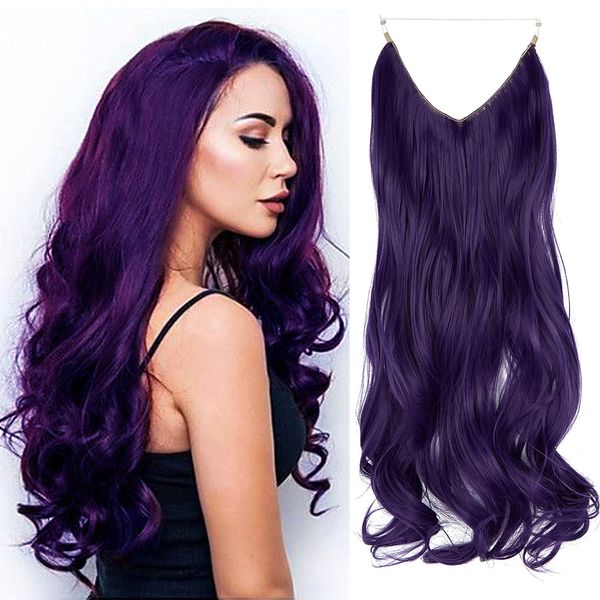 Invisible Hair Extensions Adjustable Invisible Wire Hair Piece Curly Wavy Long Synthetic Hairpieces for Women One Piece Natural Heat Temperature Fiber (18 Inch, Deep Purple)