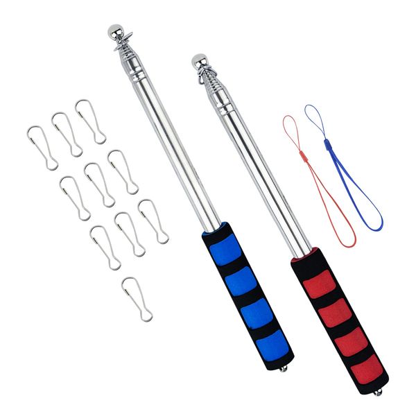 200cm Telescopic Flag Pole Telescopic, Kikuo Stainless Steel Flag Poles with 10 Clip & Lanyard, Handheld Flag Pole with Anti-Slip Grip, 2 Flag Pole for Tourist Guide Camping Travel (Blue & Red)