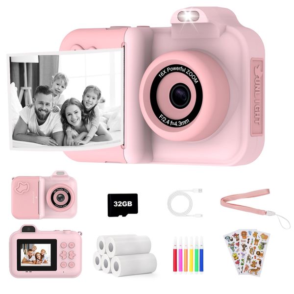 Kids Camera Instant Print,Kids Digital Camera 1080P HD Dual-Lens Selfie,Instant Print Camera with 5 Rolls Paper & 32GB Card,Toddler Camera Christmas Birthday Gifts for Girls Age 3-12(Pink)