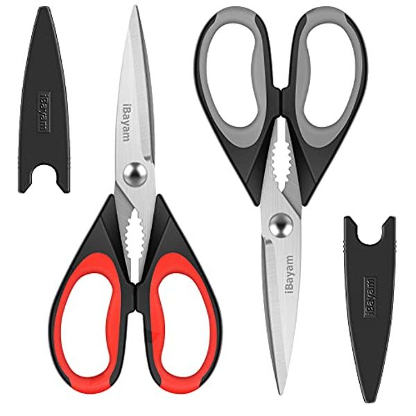 Kitchen Shears, iBayam Kitchen Scissors Heavy Duty Meat Scissors Poultry Shears, Dishwasher Safe Food Cooking Scissors All Purpose Stainless Steel Utility Scissors, 2-Pack (Black Red, Black Gray)