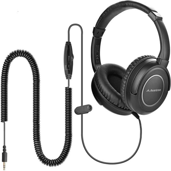 Avantree HF039 - Long Coil Cord Headphone for PC TV with Volume Control, Stereo/Mono Control, 16.4ft/5m Extension Cable, 3.5mm AUX Audio, Stereo Sound Spiral Wired Over-Ear Headphones, Long Cord