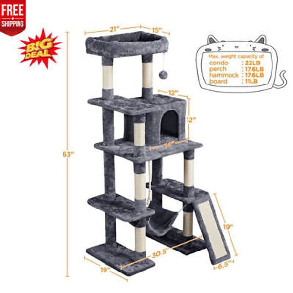 63 Inch Cat Tree Tower Condo Scratch Post for Kittens Pet House, Dark Gray