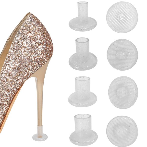 High Heel Protectors 4 Sizes, Shiny Stiletto Heel Protectors Clear Heel Stoppers High Heel Covers for Grass Heel Tip Protectors for Outdoor Weddings Events (4 Pair Round)