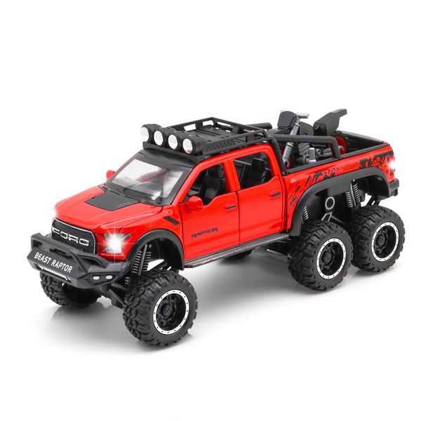 Monster Trucks for Boys - 1/24 Scale Die-Cast Metal Toy Car F150 with Sound and Light,Pickup Truck and Trailer Cars Toy Cars for 3+ Year Old Boys (Red)