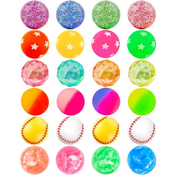 Ohanniewa Bouncy Balls for Kids 24 Pieces 6 Styles 32mm Assorted Bouncy Balls Toys for Kids Party Favors Birthdays Party Favors, Classroom Prizes