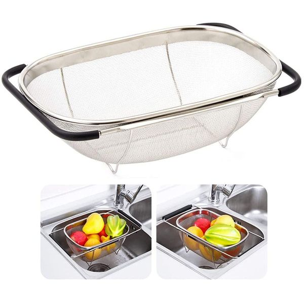 Over The Sink Stainless Steel Oval Colander with Expandable Rubber Grip Handles Strainers, Fine Mesh Strainer Basket Kitchen 6 Quarts Colander for Strain, Drain, Rinse Fruits, Vegetables