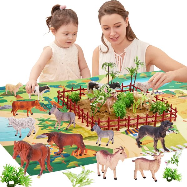 BUYGER Farm Animals Figures Toy Realistic Action Animals with Activity Play Mat for 3 Year Old Kid Boy Girl