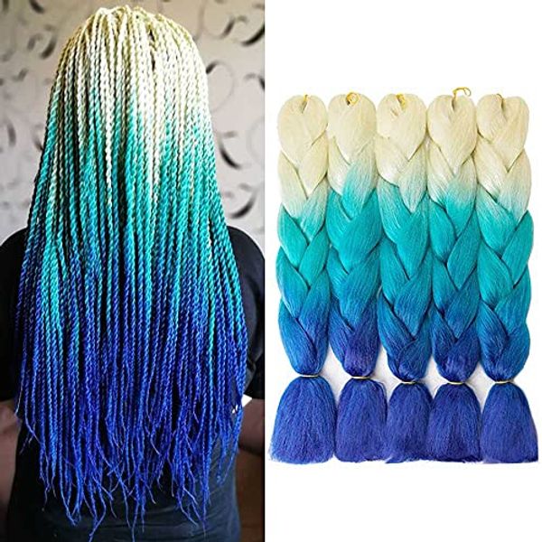 AIDUSA Color Braiding Hair Beige to Blue 5Pcs Synthetic Afro Braiding Hair Extensions 24 Inch 3 Tones for Women Twist Crochet Braids 100g (C24 Beige to Blue)