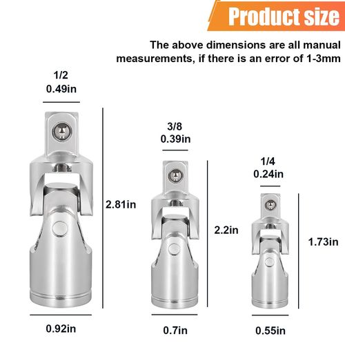 ZIMISI 3PCS Universal Joint Socket Set, 1/4", 3/8", 1/2" Drive Swivel Ratchet Socket Adapter, Chrome Vanadium Steel Wrench Sockets, Automobile Maintenance Modification Accessories