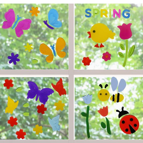 4Pcs Spring Gel Window Clings Decorations, Elastic Spring Window Gel Clings Holiday Birds Butterfly Spring Window Clings Decors, Spring Gel Window Stickers for Home Party Supplies