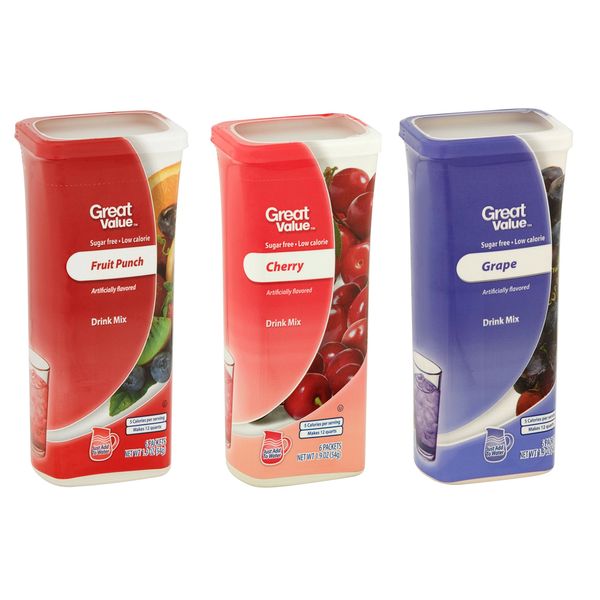 Great Value Drink Mix, Sugar Free, Fruit Punch, Cherry and Grape Bundle of 3 flavor Canisters. (Canister Designs May Vary)