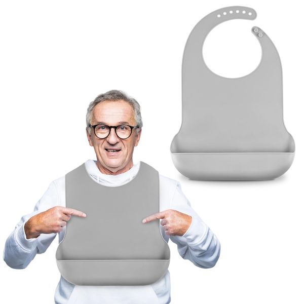 TaoTazon Adjustable Silicone Adult Bib, Washable Bib for Men & Women, Waterproof Bib for Elderly with Crumb Catcher (Grey)