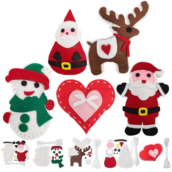 Jtnohx 5 Sets Sewing Kit for Kids, Felt Christmas Ornaments Set, DIY Craft Kits - Christmas Deer, Santa Claus, Snowman, Heart, Christmas Tree Decor for Home Party Decorations