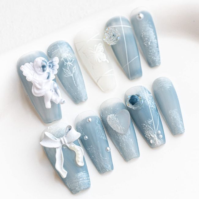 Sun&Beam Nails Handmade Press On Nail Coffin Ballerina 3D Accessories Blue Acrylic Fake Tip Design Art Charms Cute with Storage Box 10 Pcs (S)