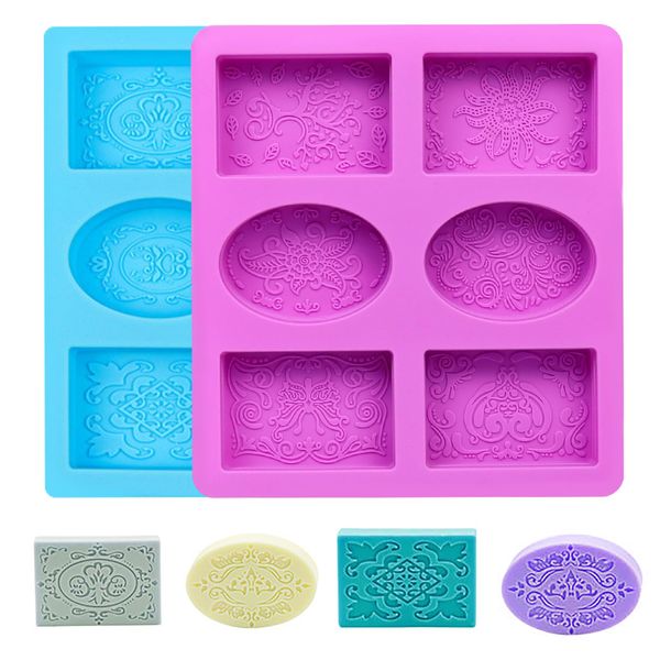 TRUEIN 2pcs Silicone Soap Moulds,6-Cavities Soap Moulds for Soap Making with Lace Pattern,DIY 3D Silicone Soap Mold Oval/Rectangular for Wax Candle Chocolate Cake Pan Biscuit(Blue+Purple）