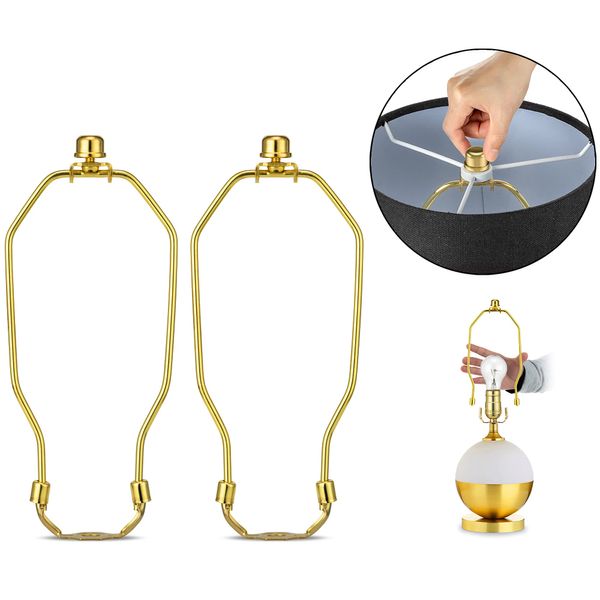 Lamp Shade Holder, 2 Set 8 Inch [Heavy Duty] Lamp Harp Holder with 3/8 Standard Saddle + Lamp Finial Caps for Table and Floor Lamps (Polished Brass)