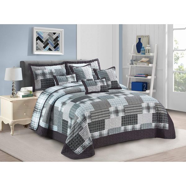 Householdfurnishing 3 Piece Printed Patchwork Bedspread Quilted Bed Throw Comforter with Pillow Shams (Check Denim Grey, Double)