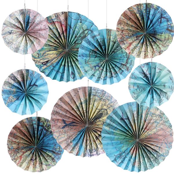 Outus 18 Pcs Travel The Map Hanging Paper Fans Decorations Adventure Awaits Bulletin Board Classroom Decorations Map Themed Ceiling Wall Garland for Kids Classroom Homeschool Office Decor (Travel)