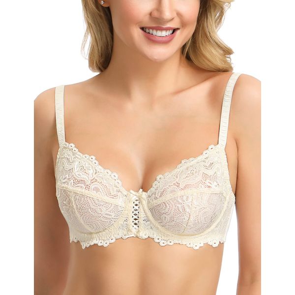 WingsLove Women's Floral Lace Bra Underwire Non Padded Soft Cup Full Coverage Nude 34DD