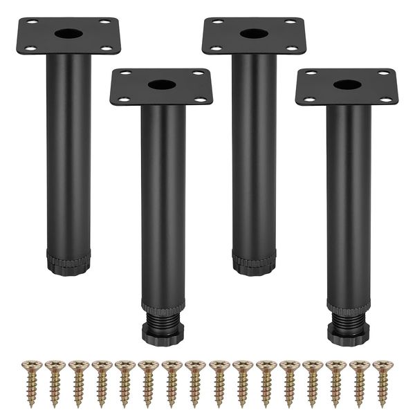 Zocipro 4Pcs Furniture Legs, 15cm Black Adjustable Cabinet Legs with 16 Screws, Metal DIY Furniture Replacement Support Feet Legs for Sofa Table Chair Desk Kitchen Cupboard