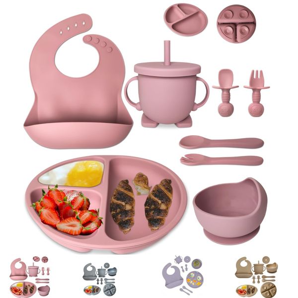 mutualproducts - Baby Feeding Supplies 8-Piece | Baby Led Weaning Utensils Set Includes Suction Bowl and Plate, Spoon and Fork, Sippy Cup with Straw and Lid (Peach Pink)