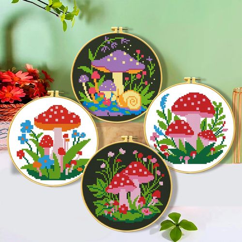 Zhenqing Mushroom Stamped Cross Stitch Kits for Adults Beginners, DIY Mushroom Patterns Kits Printed Needlepoint Kits,Crafts Embroidery Kits for Home Decor-Mushroom Combination Four-Piece Set(69036)