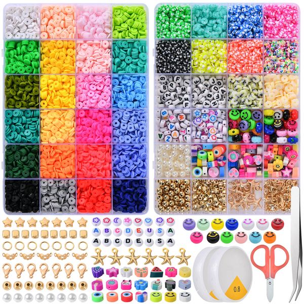 WHEELIO 8500 PCS Bracelet Making Kit, 34 Colors Flat Round Polymer 6mm Clay Beads with Letter Beads