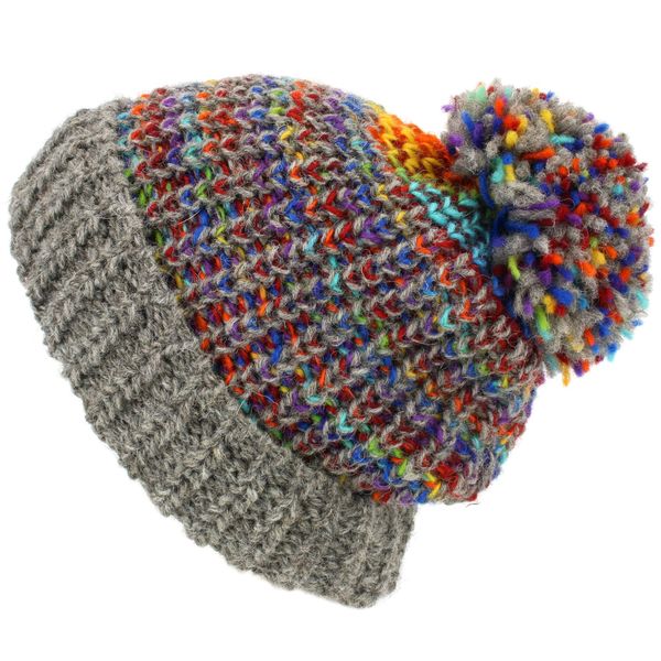 LOUDelephant Wool Knit Beanie Bobble Hat - Grey Rainbow