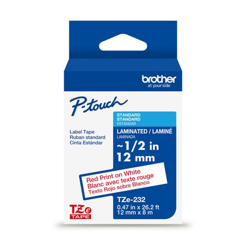 Brother Genuine P-Touch TZe Red Print on White Label Tape (TZe232), Laminated,1/2in x 26.2ft (12mm x 8m), for Select P-Touch Label Makers, Durable, Water-Resistant, Indoor/Outdoor Use
