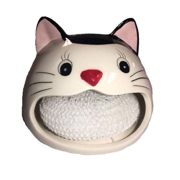 Merz67 LLC Ceramic Cat Sponge Holder (1 Count, 4 x 4 x 4 inches, Utility Sponge)