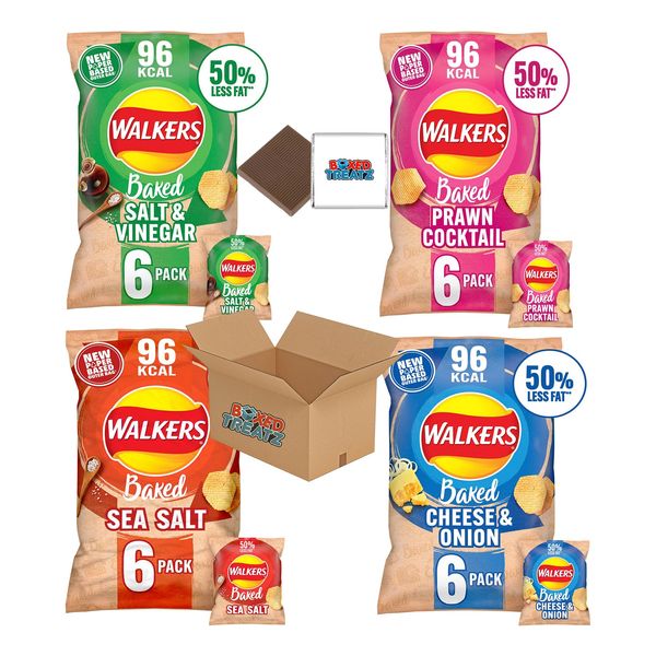 Walkers Variety Multipack Crisps (24X22g) 6x Sea Salt + 6x Cheese & Onion + 6x Salt & Vinegar + 6x Prawn Cocktail Boxed Treatz