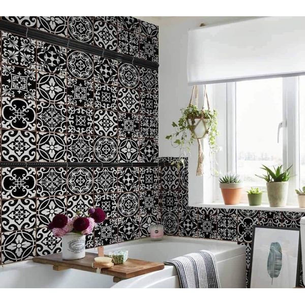 Black tile stickers Victorian Morrocan Modern self adhesive wall art decor transfers- Bathroom backsplash kitchen splashbacks floral decals peel and stick (black mixed modern, 4 inch) Pack of 9