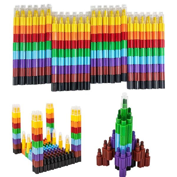 Huji Stacking Buildable 8 Colors Crayons Set, Connect Stack and Build Sideways and Up, Favorite Toys Kids Children Party Favors School Supplies Safe Non-Toxic, Easy to Hold (24)