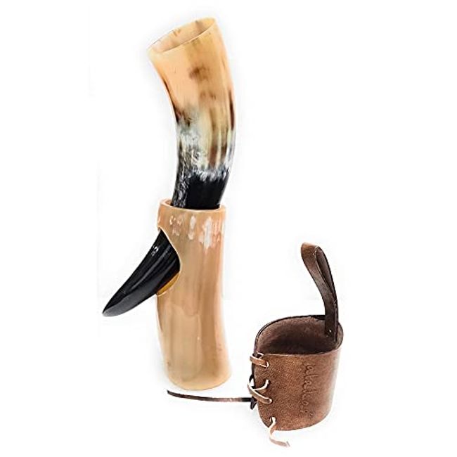 Handicrafts Real Viking Drinking Horn Mug with Stand Cups Ale Beer