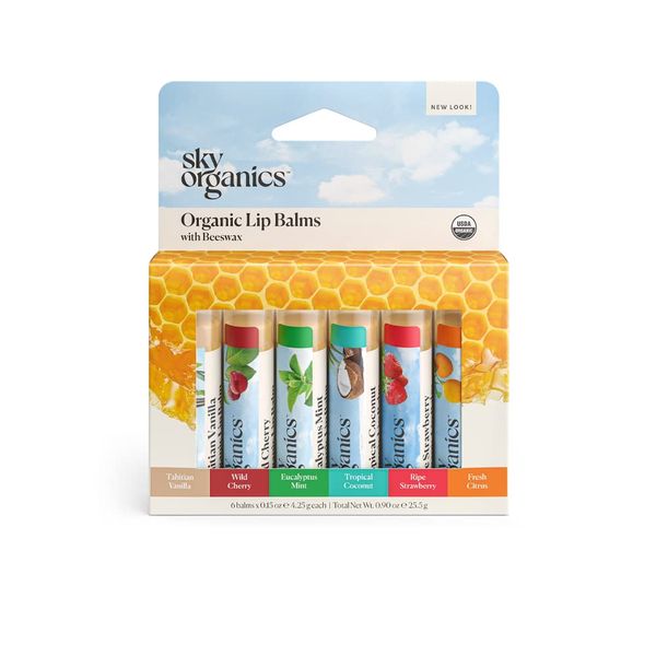 Sky Organics Organic Beeswax Lip Balms for Lips, USDA Certified Organic, Six Assorted Flavors to Moisturize, Soothe & Soften, 6pk.