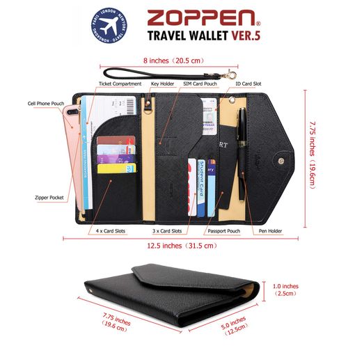 ZOPPEN Passport Holder Travel Wallet (Ver.5) for Women Rfid Blocking Multi-purpose Passport Cover Document Organizer Strap, Black