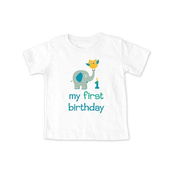 My First Birthday Boy Elephant Owl Design - Cute Fun Baby tee Shirt (18 Months Infant Shirt, White)