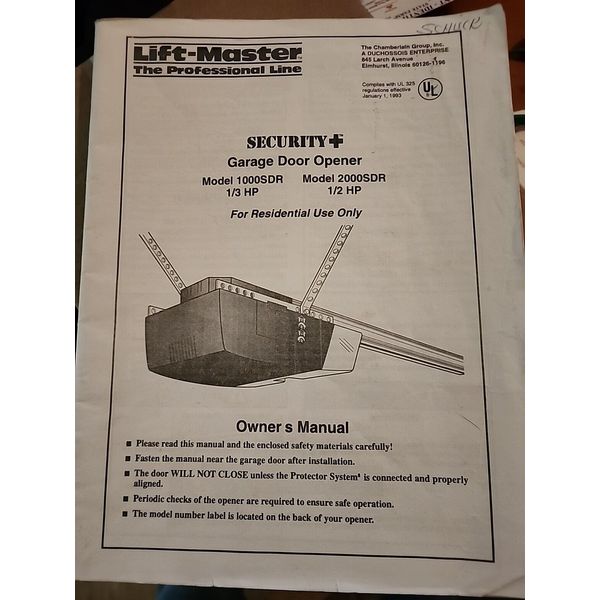 LIFTMASTER GARAGE DOOR OPENER 1000SDR & 2000SDR OWNER'S MANUAL