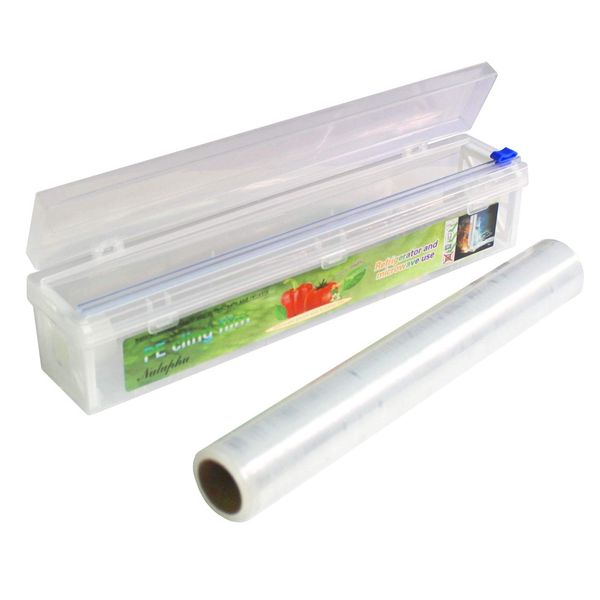 Nuluphu Household Reusable Refillable Plastic Wrap Dispenser with Slide Cutter, Food Wrap Stretch Clear Cling Wrap 12 Inch×328 Ft (1Cutting Box + 1 Cling Film)