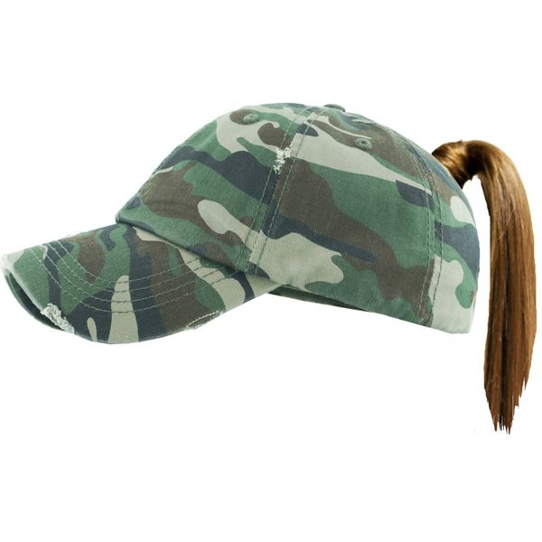 Funky Junque Distressed Trucker Dad Hat Messy Bun Ponytail Baseball Pony Cap - Camo