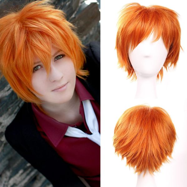 S-noilite Unisex Women Short Curly Straight Cosplay Wig Men Male Anime Costume Hair Tail Full Wigs Dark Orange