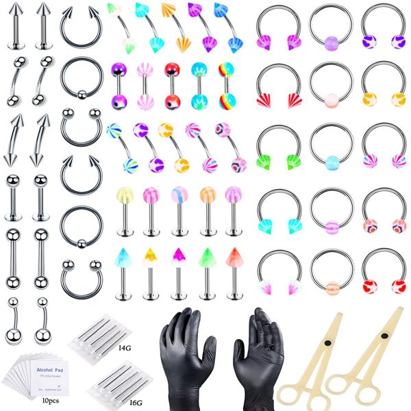 82PCS Piercing Kit Stainless Steel Acrylic Piercing Jewelry Piercing Needle 14G 16G Body Piercing Kit Nose Ear Septum Lip Tongue Eyebrow Belly