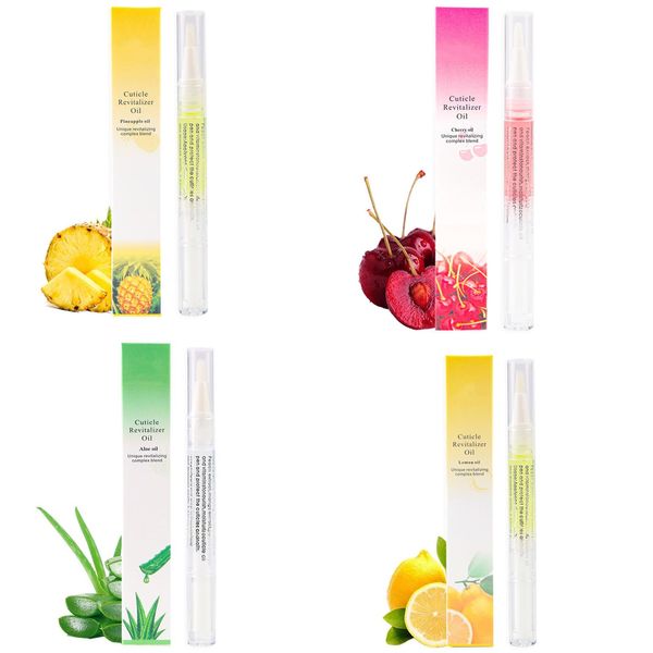 Nail nutrition oil 4PCS rotating nutrition pen with soft brush cuticle nail moisturizing care anti-barb exfoliation (Lemon+aloe+pineapple+cherry)