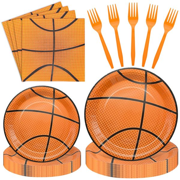 96 Pieces Basketball Themed Tableware Set - Sports Fan Disposable Dinnerware with Paper Plates, Napkins, Forks for Game Day, Team Celebrations, Birthdays Party Supplies for Kids Boys Serves 24 Guests