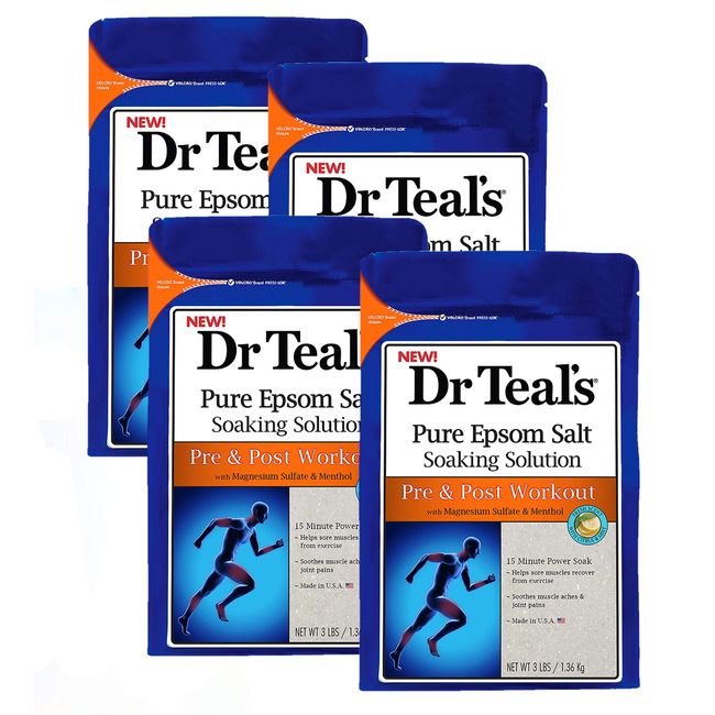Dr. Teals Pre & Post Workout Epsom Salt Soaking Solution (4 Pack, 3lbs Ea.) - Essential Oils Blended with Pure Epsom Salt & Menthol - Eases Aches & Soreness, Alleviates Daily Stress - At Home Recovery