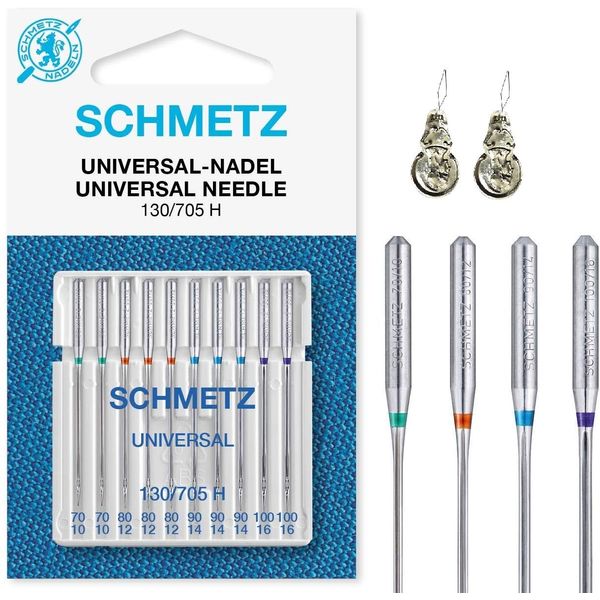 Schmetz 10 Pcs Universal Sewing Machine Needles (Standard) Various Sizes 70/10, 80/12, 90/14 and 100/16 Assorted 70-100 +2 Threaders